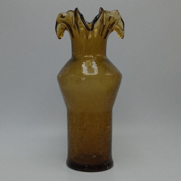 Sunset Amber Yellow Crackle Glass Ruffled Edge Vase Home Decor Vintage - Picture 1 of 14